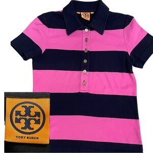 Tory Burch Pink and Blue Polo Shirt with Classic Stripes